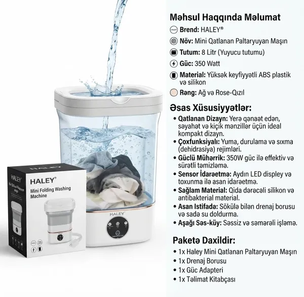 Mini paltaryuyan maşın Haley, Ağ, 8 kq, 1400 dövr/dəq — paltaryuyan maşınlar