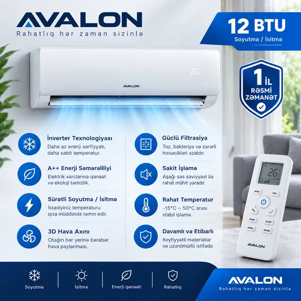 Avalon 12BTU split-sistem 12000 BTU/saat inverter ağ — kondisionerlər