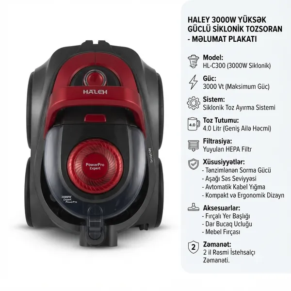 Haley HL-C300, 3000 Vt, Quru, Siklon filtri, 4 L — tozsoranlar